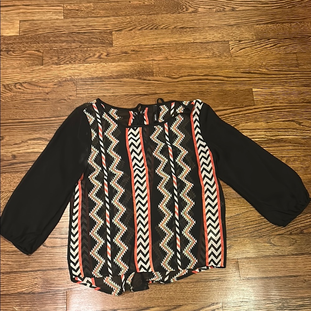 Black and Multicolor Zigzag Blouse with Laceup Back